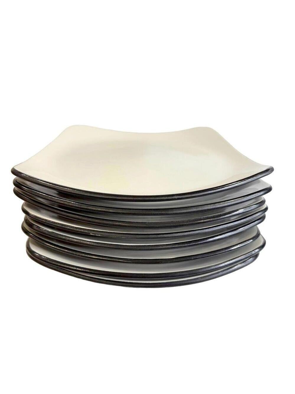 Set of 2 Vintage Solid Corelle Hearthstone Stoneware 11.5 in Plates Black Cream